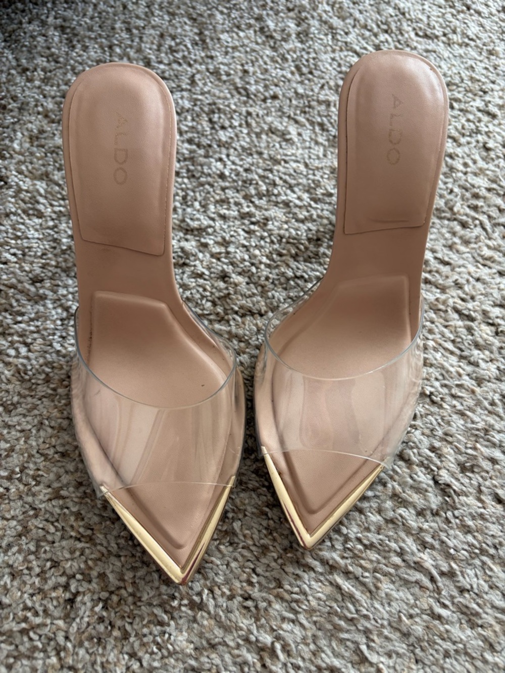Aldo Clear Strap Nude Pointed Mule with Gold Toe Accent - Picture 3 of 6